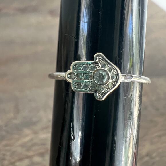 Rhinestone studded silver tone Hamsa hand ring - size 7 - Picture 3 of 5